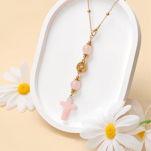 Rose Quartz Cross Rear View Mirror Hanging Ornament Gift Set - Image 6