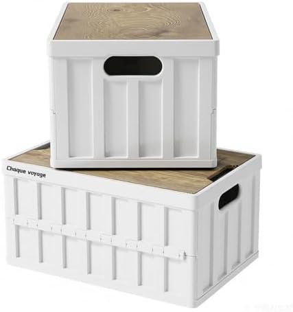 2 Pack White 50L Collapsible Storage Crate Wooden Lid Stackable Bin - Image 5