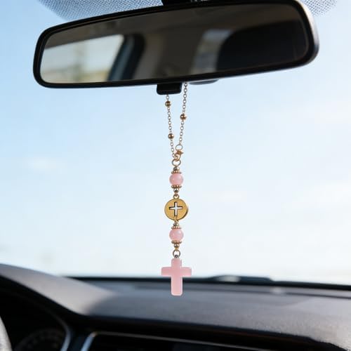 STEFORD Car Cross Crystal Hanging Charm, Cute Rose Quartz Pink Boho Blessing - Image 4