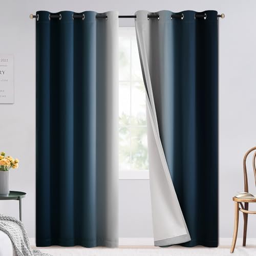 SimpleHome Ombre Navy Blue 100% Blackout Bedroom Curtains White Liner 84L by SimpleHome
