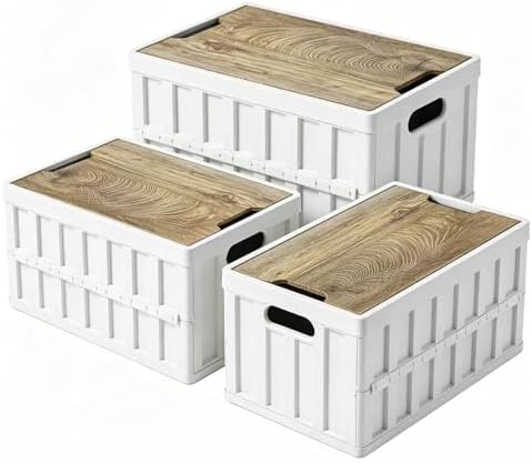 3 Pack 50L White Storage Crate Wooden Lid Foldable Bin by Unknown