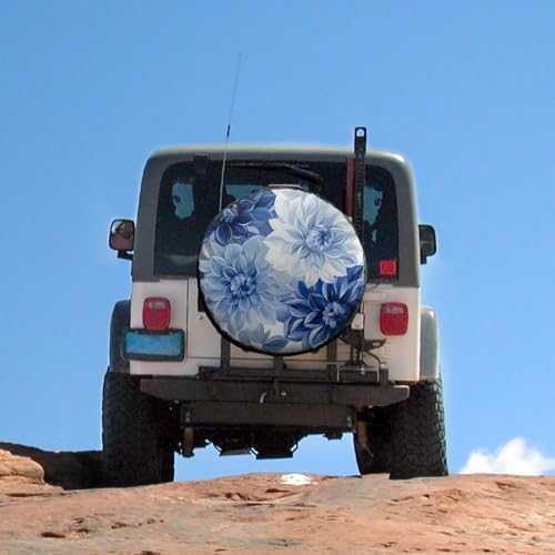 Blue and Grey Dahlia Flower Spare Tire Cover Green and Blue Vintage Floral Boho - Image 5
