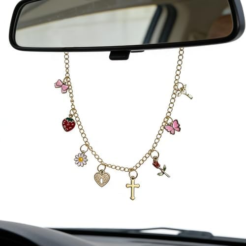 Car Rearview Mirror Charm Gold Hanging Cross Butterfly Bow Ornament by Unknown
