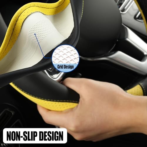 Black Yellow Microfiber Leather D Shaped Steering Wheel Cover - Image 4