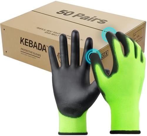 Kebada W1 Safety Work Gloves for Men & Women, 50 Pairs Bulk Pack, PU Coated by KEBADA