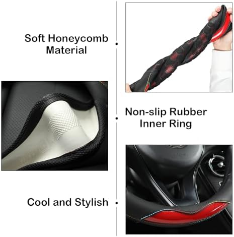 3D Honeycomb Red Steering Wheel Cover, 14.5-15 Inch Non-Slip Breathable Leather - Image 5