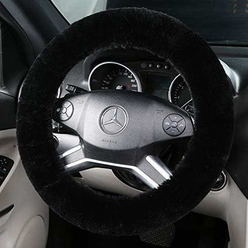 Black Fuzzy Sheepskin Car Steering Wheel Cover by OGLAND