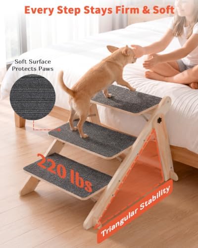 Woodure Foldable Dog Stairs, Convertible 3-Step Wooden Dog Ramp, Cat Step - Image 2