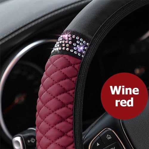 Osilly 15 Inch Rhinestone Leather Steering Wheel Cover, Wine Red - Image 4