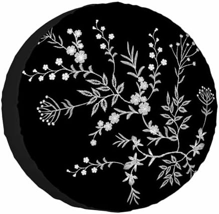 Lace Flowers Spare Tire Cover 15 inch Wheel White Flowers on Black Background by NOMEDOGYIM