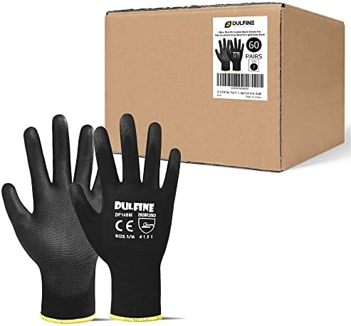 DULFINE Safety Work Gloves for Men 60 Pairs, Ultra-Thin PU Coated Black S by DULFINE