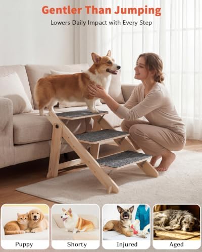 Woodure Foldable Dog Stairs, Convertible 3-Step Wooden Dog Ramp, Cat Step - Image 5