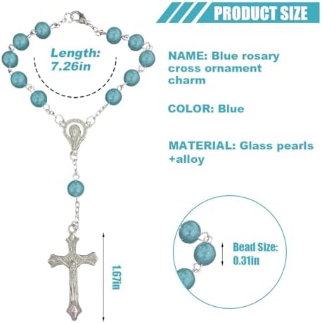 smilfuy 2PCS Car Rosary for Rearview Mirror, Cyan Rosary Pendant - Image 2