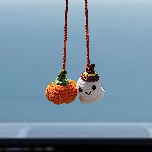 Crochet Car Mirror Hanging Accessories, Halloween Pumpkin and Ghost Cute Car - Image 5