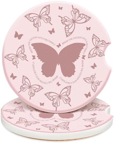 Swooflia Cute Girly Ceramic Car Coasters Pink Butterfly Cup Holder Coasters by Swooflia