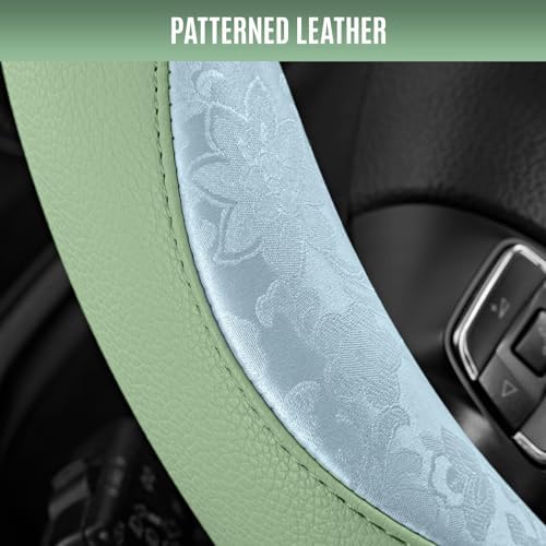 PIC AUTO Steering Wheel Cover, Light Blue Patterned & Green Leather Patchwork - Image 3