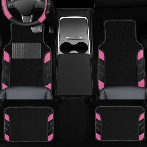 NBTEPEM 10 Pcs Pink Car Floor Mats Full Set & Sport Leather Pink Steering Wheel - Image 3