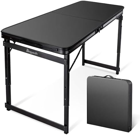 Folding Camping Table 4Ft X 2Ft, Aluminum Portable Adjustable Fold Table by Bingyouth