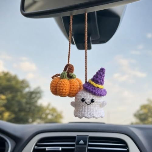 Halloween Crochet Pumpkin Ghost Car Mirror Pendant Charm by Unknown