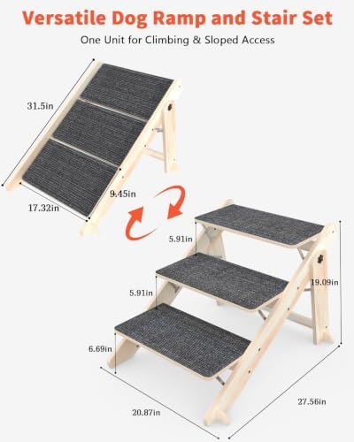 Woodure Foldable Dog Stairs, Convertible 3-Step Wooden Dog Ramp, Cat Step - Image 4