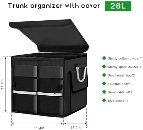 Trunk Organizer with Lid, 28L Collapsible 2-Compartment Car Storage Box with - Image 2