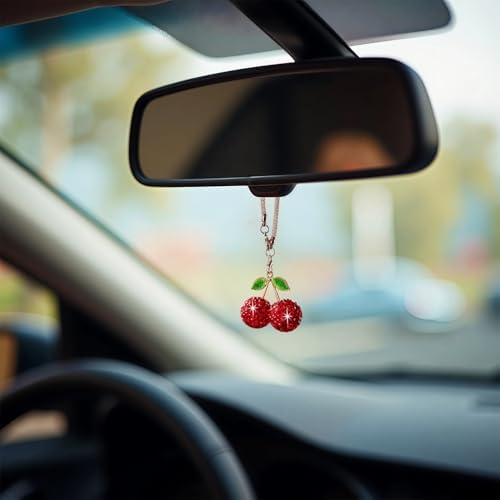 Bling Cherry Car Hanging Ornament, Cute Crystal Rear View Mirror Pendant - Image 5
