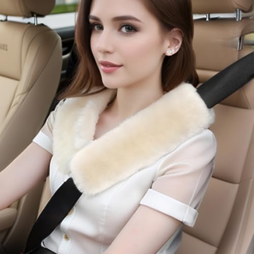 AOGELAN Fluffy Fuzzy Genuine Sheepskin Car Seat Belt Covers - Image 2