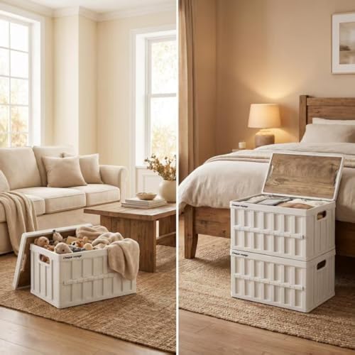 2 Pack White 50L Collapsible Storage Crate Wooden Lid Stackable Bin - Image 3