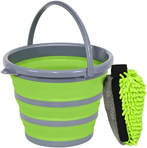 Collapsible Bucket with 3-in-1 Car Wash Mitt, Coral Velvet + Weave + Chenille by GreatCool