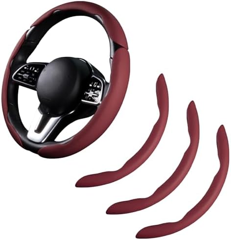 Car Steering Wheel Cover Leather 14.5-15 in Universal 3Pcs Set Wine Red by HOME
