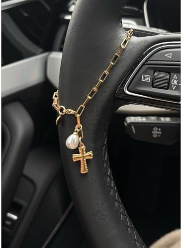 Steering Wheel Rosary for Car, Pearl Rosary Cross Car Charm Accessory, by JOYTEZZ