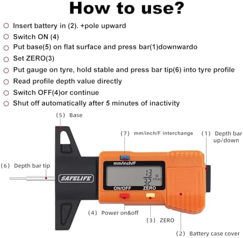 SAFELIFE Digital Tire Tread Depth Gauge, 3 Modes-Fractional Inch, Decimal Inch - Image 5