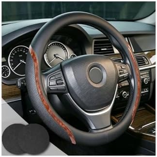 Black Steering Wheel Cover Wood Grain Leather Universal 14.5"-15" by Muamos