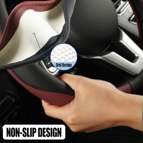Black Burgundy Microfiber Leather Steering Wheel Cover 15 inch - Image 4