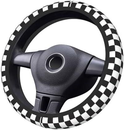 Black and White Checkered Steering Wheel Cover Rubber Anti-Slip 14.5-15 Inch - Image 4