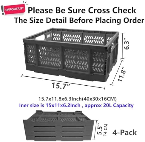 4-Pack Plastic Storage Crates, 20L Foldable Baskets, Collapsible Crates - Image 2