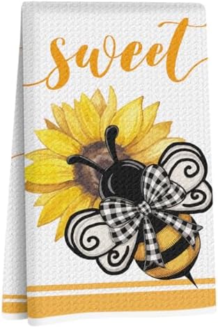 Sunflower Cute Bee Kitchen Towels 24x14 Inch, Rustic Bee Waffle Hand Towels by Unknown