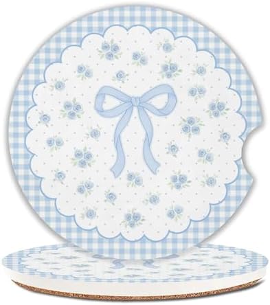 Blue Bow Car Coasters for Cup Holders Set of 2 Floral Absorbent Ceramic Cup by Unknown