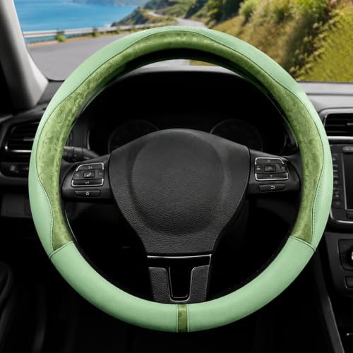Green Patterned Leather Patchwork Steering Wheel Cover, 14.5-15 Inch Universal by ExquisiteCarAccessories