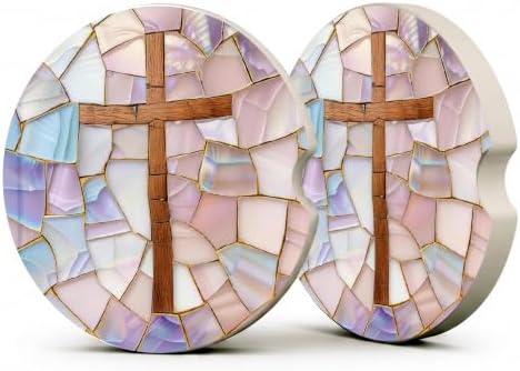 Christian Cross Stained Glass Car Coasters, Religious Faith Cup Holders by Unknown