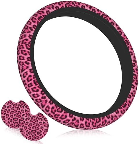 Leopard Print Pink Steering Wheel Cover 15 Inch +2 Pieces Car Coasters by Unknown