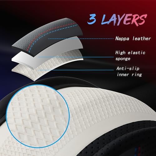 Leather Car Steering Wheel Cover, Tricolor Sporty Style, Breathing Laser - Image 4