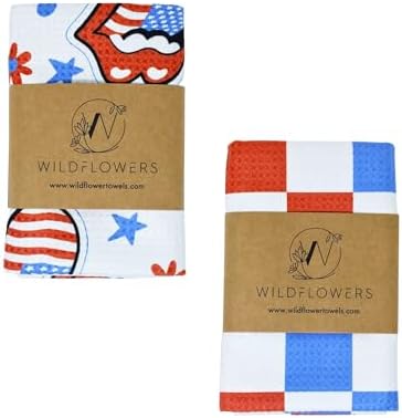 Wildflowers Microfiber Kitchen Towels |Red & Blue Color Pattern| Waffle Fabric by FlourishPetProducts