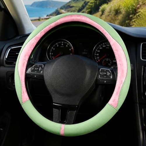 Pink & Green Patterned Leather Patchwork Steering Wheel Cover, 14.5-15 Inch - Image 3
