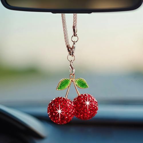 Bling Cherry Car Hanging Ornament, Cute Crystal Rear View Mirror Pendant by YOYLMAL