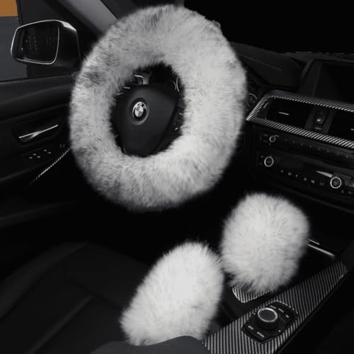 3Pcs/Set Fluffy Wool Car Steering Wheel Cover Set by AOGELAN