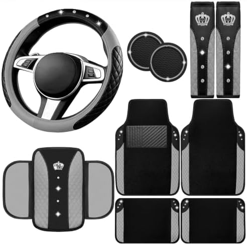 NBTEPEM 10 Pcs Bling Grey Car Floor Mats Set, Leather Grey Steering Wheel by NBTEPEM