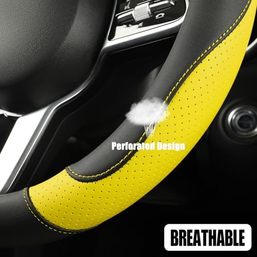 Black Yellow Microfiber Leather D Shaped Steering Wheel Cover - Image 3