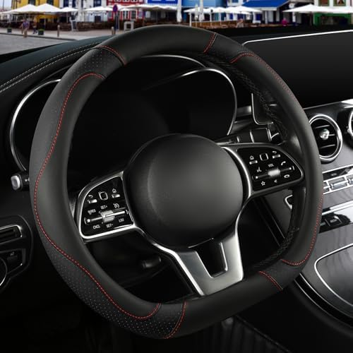 Black Microfiber Leather D Shaped Steering Wheel Cover - Image 2