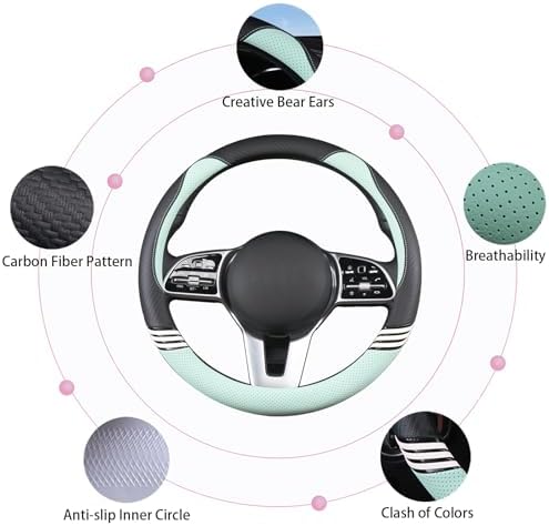 15 inch Cute Leather Steering Wheel Cover Black and Green - Image 4